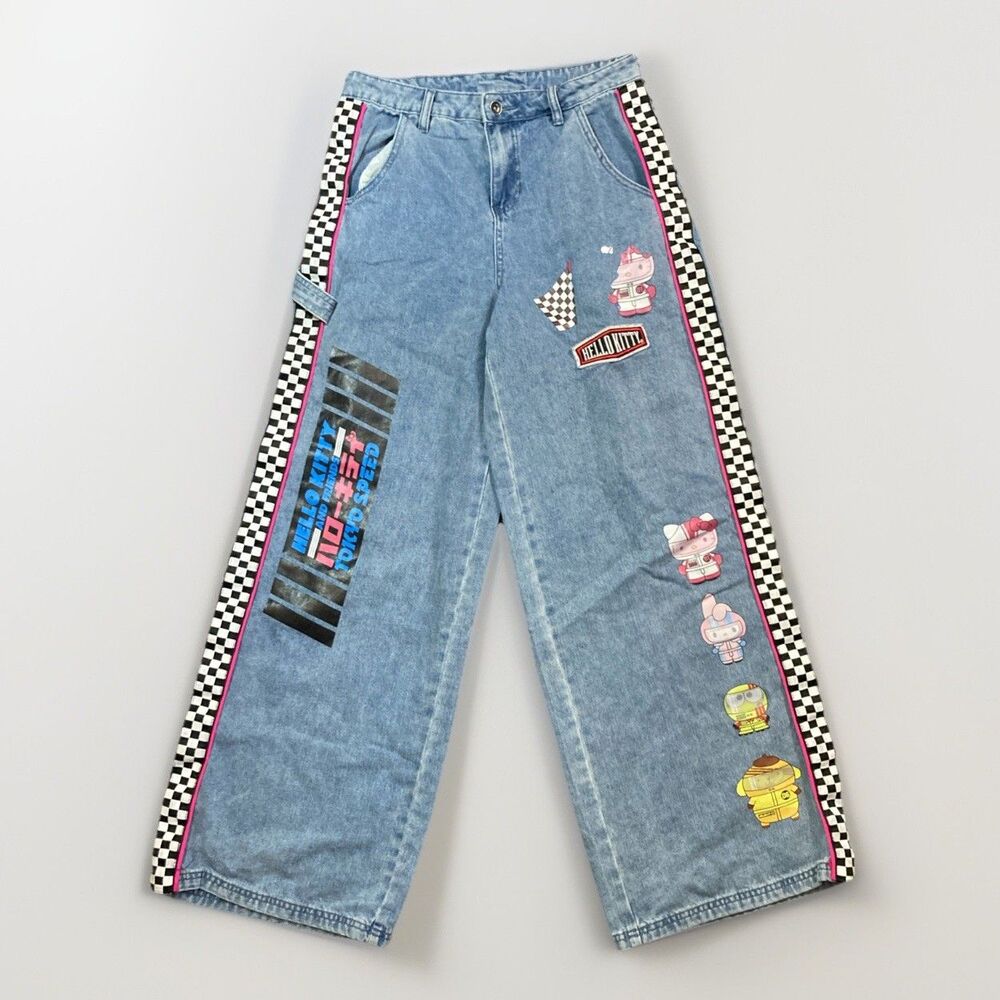 Hot Topic x Hello Kitty & Friends Jeans Tokyo Speed Checkered Wide Leg Size 7